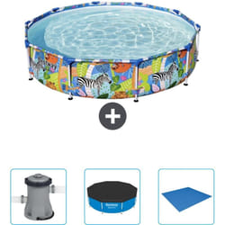 Piscine Bestway Ronde Steel Pro - 305 x 66 cm - Imprimé Jungle - Incluse Accessoire CB40 - Multicolour