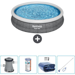Bestway - Piscine gonflable ronde à réglage rapide - Imprimé rotin - 366 x 76 cm - Comprend des Accessoires CB54 - Grey