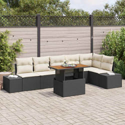 vidaXL Ensemble de Salle à Manger de Jardin de 7 Pièces avec Coussins Noirs en Poly Rattan et Acacia