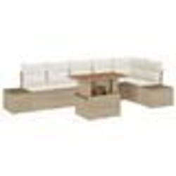 vidaXL Set de salle à manger de jardin 7 pièces avec coussins beige en poly rattan et acacia.