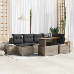 vidaXL Set de salle à manger de jardin 7 pièces avec des coussins en poly rotin gris et acacia.