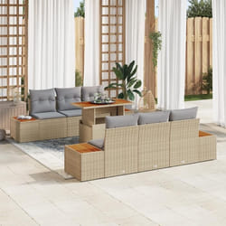 vidaXL Ensemble de Salle à Manger de Jardin de 7 Pièces avec Coussins en Rattan Poly Beige et Acacia