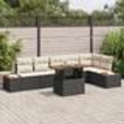 vidaXL Set de salle à manger de jardin 7 pièces avec coussins en rotin synthétique noir et acacia.