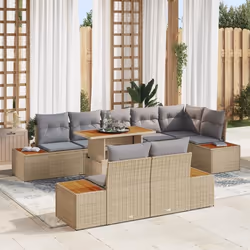 vidaXL Ensemble de repas de jardin 9 pièces avec coussins beiges en poly rotin et acacia.