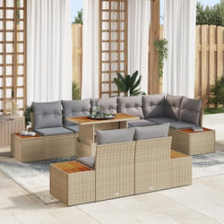 vidaXL Ensemble de repas de jardin 9 pièces avec coussins beiges en poly rotin et acacia.