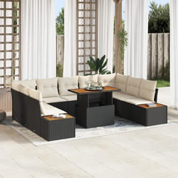 vidaXL Ensemble de jardin de 10 pièces avec coussins en poly rotin noir et acacia