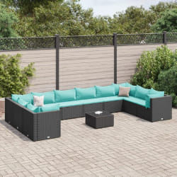 vidaXL Salon de jardin 11 pcs avec coussins noir résine tressée