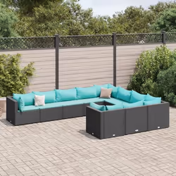 vidaXL Salon de jardin 10 pcs avec coussins noir résine tressée