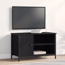 Ce meuble TV minimaliste en bois d'ingénierie robuste, avec sa finition en chêne noir stylé, est un super point focal pour to ...