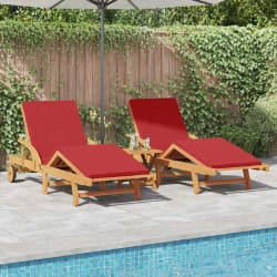 vidaXL Chaises longues 2 pcs avec coussins et table en bois massif d'acacia rouge