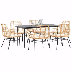 vidaXL Ensemble à manger jardin coussins 7pcs marron poly rotin verre