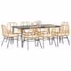 vidaXL Ensemble à manger jardin coussins 9pcs marron poly rotin verre