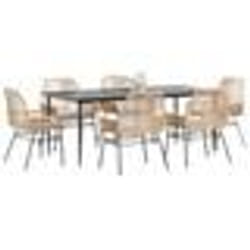 vidaXL Ensemble à manger jardin coussins 7pcs marron poly rotin verre