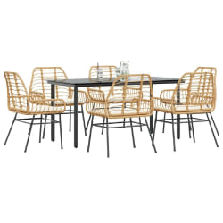 vidaXL Ensemble à manger jardin coussins 7pcs marron poly rotin verre