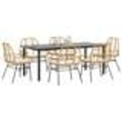 vidaXL Ensemble à manger jardin coussins 7pcs marron poly rotin verre