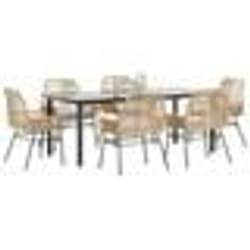 vidaXL Ensemble à manger jardin coussins 7pcs marron poly rotin verre