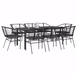 vidaXL Ensemble à manger de jardin coussins 9pcs noir poly rotin verre