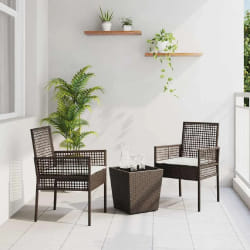 Set de Bistro de Jardin 3 Pièces avec Coussins en Poly Rattan Marron