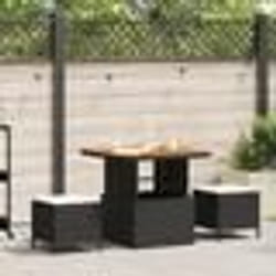 Ensemble de salle à manger de jardin 3 pièces avec coussins en poly rotin noir et acacia