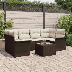 vidaXL Ensemble de canapé de jardin 7 pièces avec coussins Marron Poly Rotin
