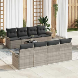 vidaXL Canapé de jardin 9 pièces avec coussins gris clair en poly rotin