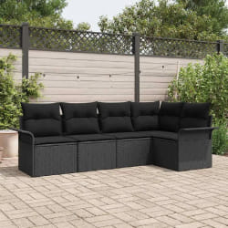 vidaXL Canapé de jardin 5 pièces avec coussins - Noir en poly rattan