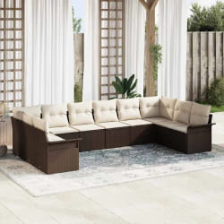 vidaXL Ensemble de canapé de jardin 10 pièces avec coussins en rotin poly marron