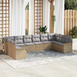 vidaXL Ensemble de Canapés de Jardin 10 Pièces avec Coussins en Poly Rattan Beige