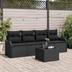 Canapé de jardin 5 pièces avec coussins noir en poly rotin