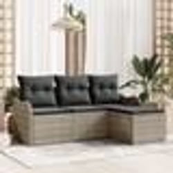 Canapé de Jardin 4 Pièces avec Coussins Gris Clair en Rattan Poly