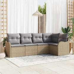 Canapé de jardin 5 pièces avec coussins beige poly rotin