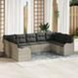 Ensemble de canapé de jardin 9 pièces avec coussins gris clair en poly rattan
