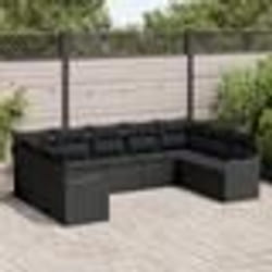 Ensemble de canapé de jardin 9 pièces avec coussins rattan poly noir