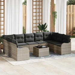 Ensemble de canapés de jardin 10 pièces avec coussins gris poly rotin