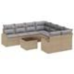 vidaXL Ensemble de Canapé de Jardin 9 Pièces avec Coussins Beige Poly Rattan
