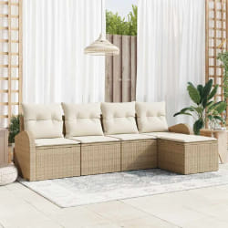 vidaXL Ensemble de Canapés de Jardin 5 Pièces avec Coussins Beige Poly Rotin