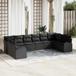 vidaXL Ensemble de canapé de jardin de 10 pièces avec coussins en rattan poly noir