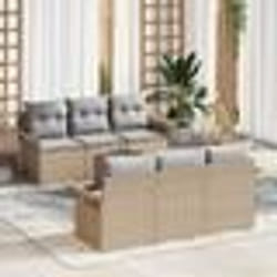 vidaXL Ensemble de Canapé de Jardin 7 Pièces avec Coussins en Poly Rattan Beige Acacia