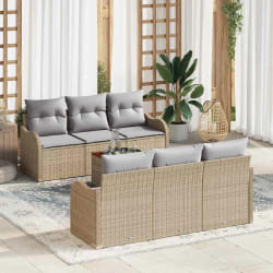 Ensemble de Canapé de Jardin 7 Pièces avec Coussins Beige Poly Rotin Acacia