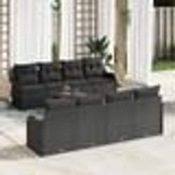 Set de canapé de jardin 9 pièces avec coussins noir poly rotin acacia