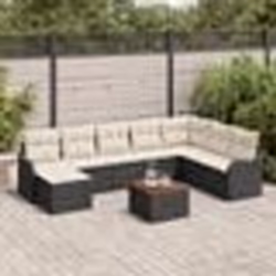 Ensemble de canapé de jardin 9 pièces avec coussins, Noir, Poly Rattan, Acacia