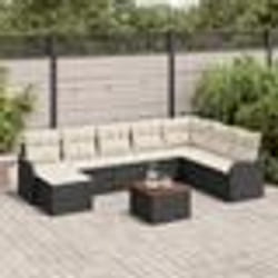 Ensemble de canapé de jardin 9 pièces avec coussins, Noir, Poly Rattan, Acacia