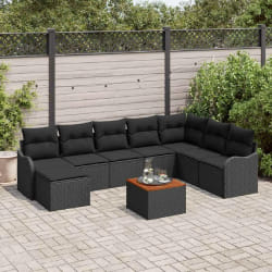 Ensemble de canapé de jardin 9 pièces avec coussins Noir Rattan Poly Acacia