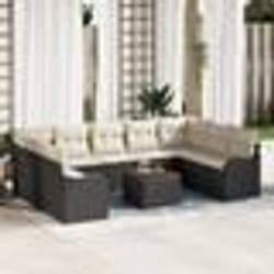 Canapé jardin 10 pièces avec coussins noir poly rotin