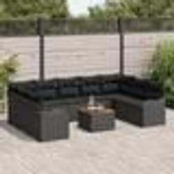 Canapé de jardin 10 pièces avec coussins en poly rotin noir