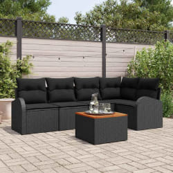 vidaXL Ensemble de Canapé de Jardin 6 Pièces avec Coussins Noir Poly Rattan Acacia