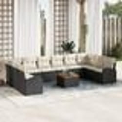 vidaXL Canapé de jardin 11 pièces , coussins noir et crème en poly rotin et acacia.