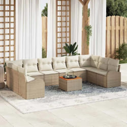 vidaXL Ensemble de Canapé de Jardin de 11 Pièces avec Coussins Beiges en Rattan Poly Acacia