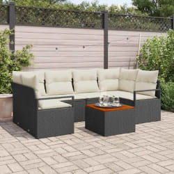 vidaXL Ensemble de canapé de jardin 7 pièces avec des coussins en poly rotin noir, bois d'acacia