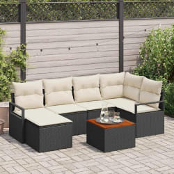 vidaXL Set de jardin 7 pièces avec coussins noir en poly rattan et acacia.